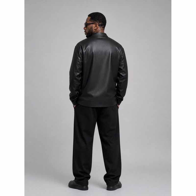 Men Black Real Leather Shirt Jacket with Sean Diddy Modern Mandarin Style