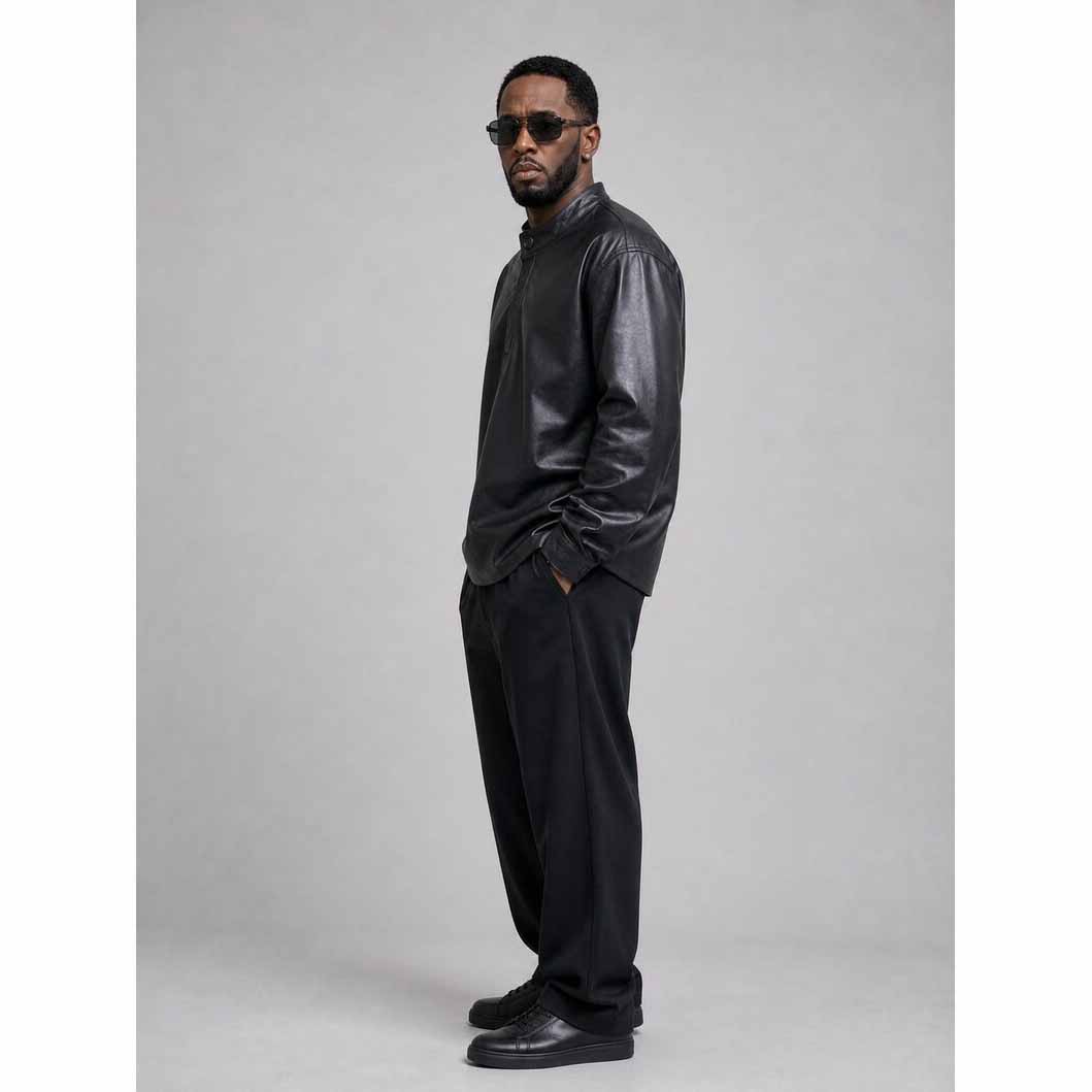 Men Black Real Leather Shirt Jacket with Sean Diddy Modern Mandarin Style