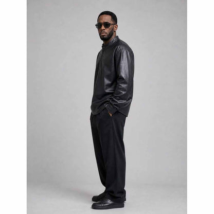 Men Black Real Leather Shirt Jacket with Sean Diddy Modern Mandarin Style