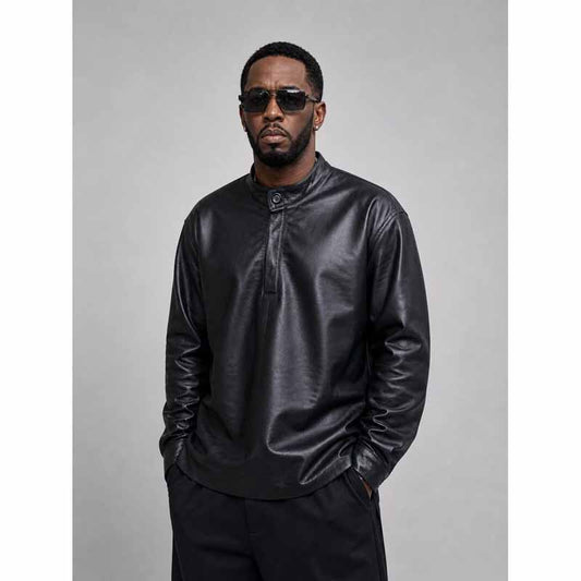 Men Black Real Leather Shirt Jacket with Sean Diddy Modern Mandarin Style - 3amoto shop