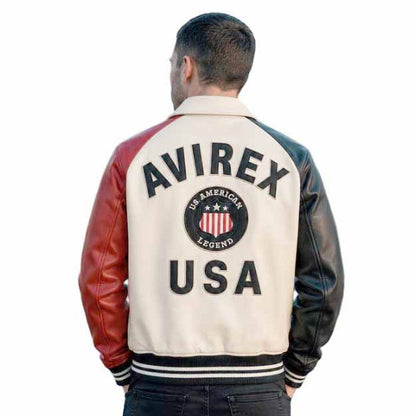 Men Black Real Sheepskin Leather Varsity Jacket with American Flag Racing Style