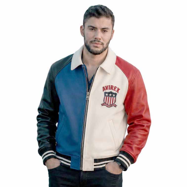 Men Black Real Sheepskin Leather Varsity Jacket with American Flag Racing Style