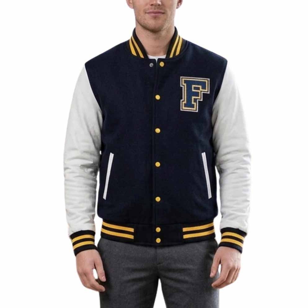 Men Blue Wool Varsity Jacket with Beige Leather Sleeves and Mike Newton Style