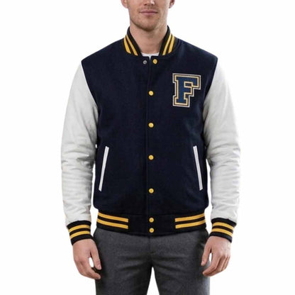 Men Blue Wool Varsity Jacket with Beige Leather Sleeves and Mike Newton Style