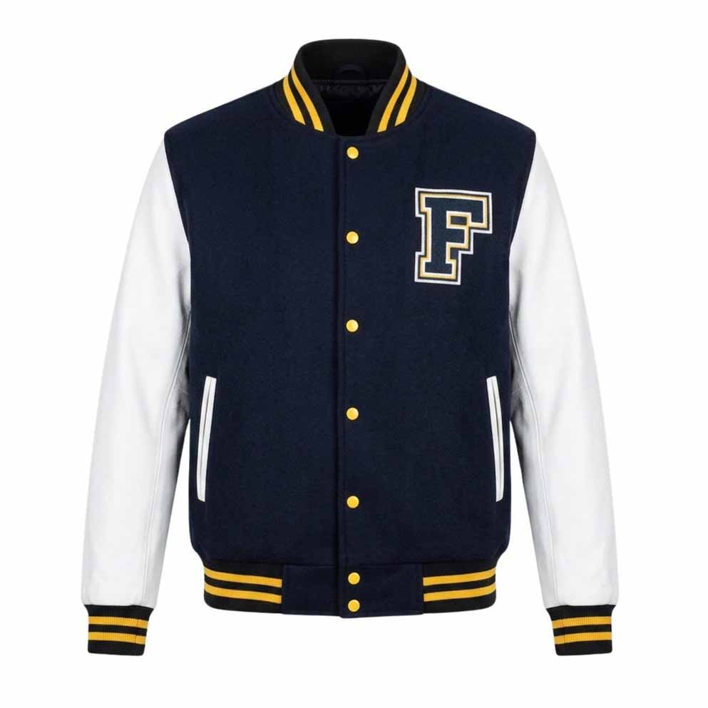 Men Blue Wool Varsity Jacket with Beige Leather Sleeves and Mike Newton Style