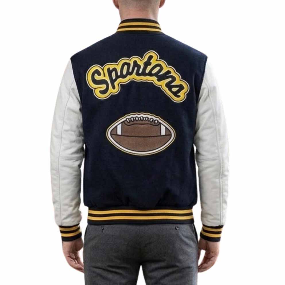 Men Blue Wool Varsity Jacket with Beige Leather Sleeves and Mike Newton Style