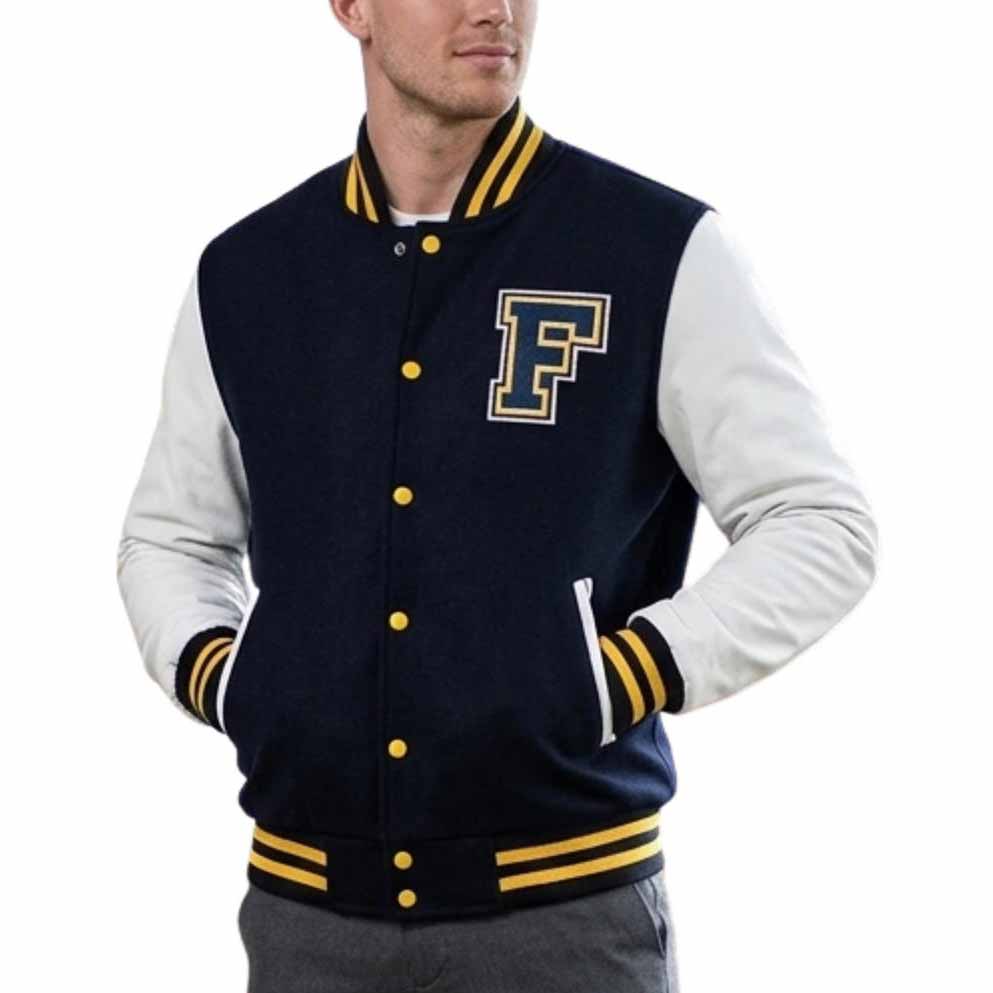 Men Blue Wool Varsity Jacket with Beige Leather Sleeves and Mike Newton Style