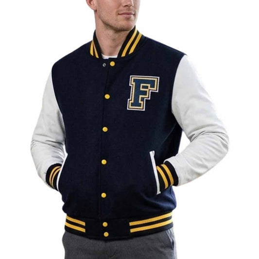 Men Blue Wool Varsity Jacket with Beige Leather Sleeves and Mike Newton Style - 3amoto shop