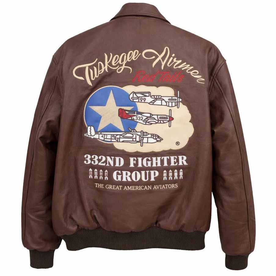 Men Brown Real Leather Bomber Jacket with Tuskegee Airmen Military Aviator Style