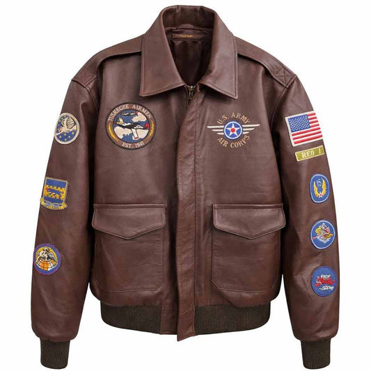 Men Brown Real Leather Bomber Jacket with Tuskegee Airmen Military Aviator Style - 3amoto shop