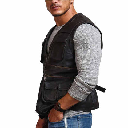 Men Brown Real Leather Vest with Owen Grady Biker Hunter Style
