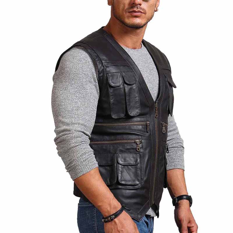 Men Brown Real Leather Vest with Owen Grady Biker Hunter Style