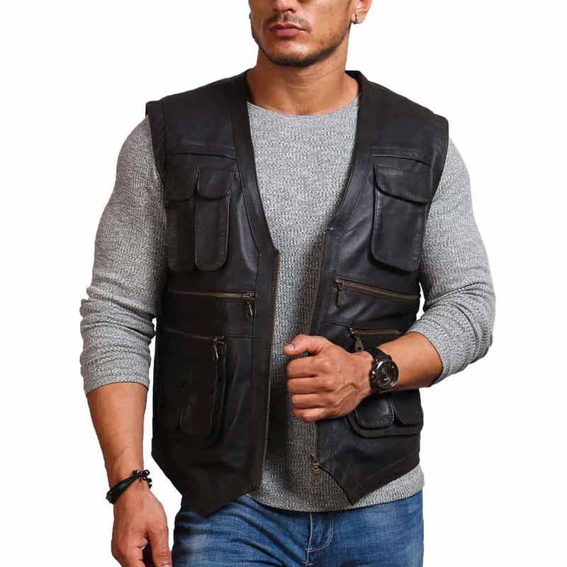 Men Brown Real Leather Vest with Owen Grady Biker Hunter Style