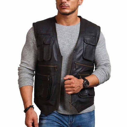 Men Brown Real Leather Vest with Owen Grady Biker Hunter Style