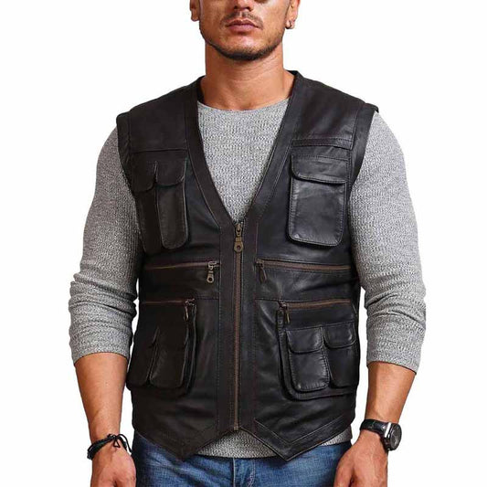 Men Brown Real Leather Vest with Owen Grady Biker Hunter Style - 3amoto shop
