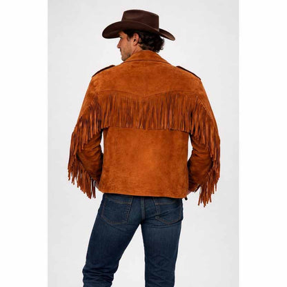 Men Brown Tan Suede Leather Jacket with Western Cowboy Fringe Style