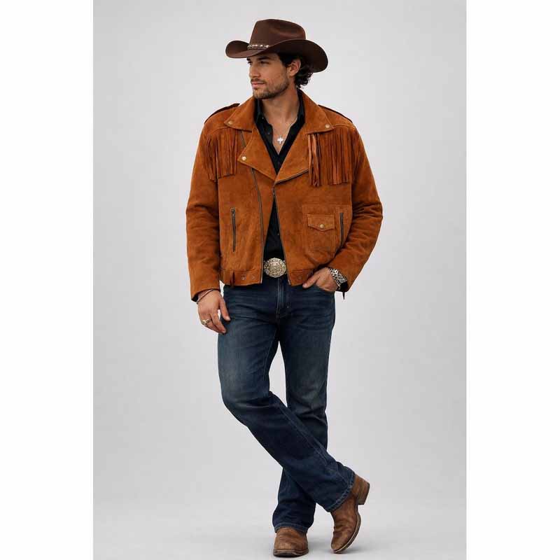 Men Brown Tan Suede Leather Jacket with Western Cowboy Fringe Style
