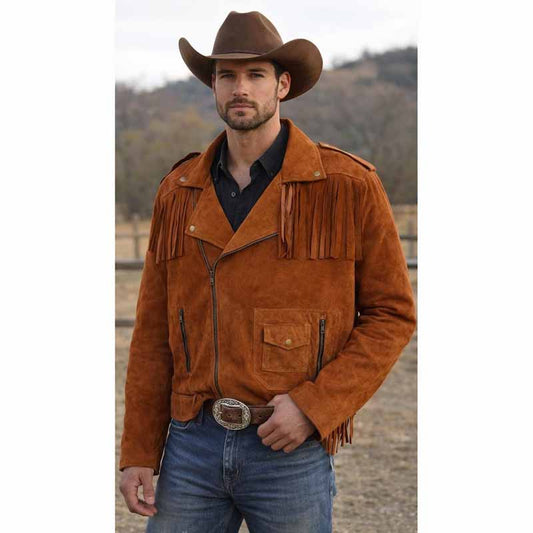 Men Brown Tan Suede Leather Jacket with Western Cowboy Fringe Style - 3amoto shop