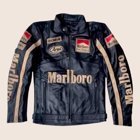 Men Marlboro Black Vintage Leather Motorcycle Racing Jacket - 3amoto shop