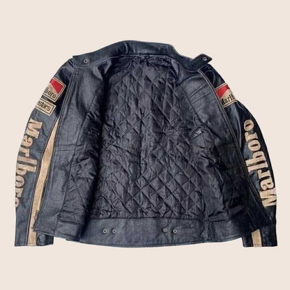 Men Marlboro Black Vintage Leather Motorcycle Racing Jacket