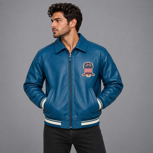 Men Teal Varsity Leather Bomber Avirex Jacket - 3amoto shop