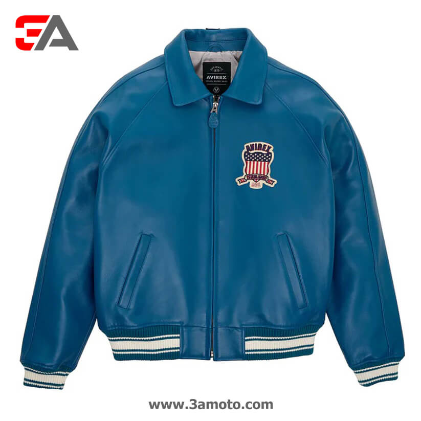 Men Teal Varsity Leather Bomber Avirex Jacket