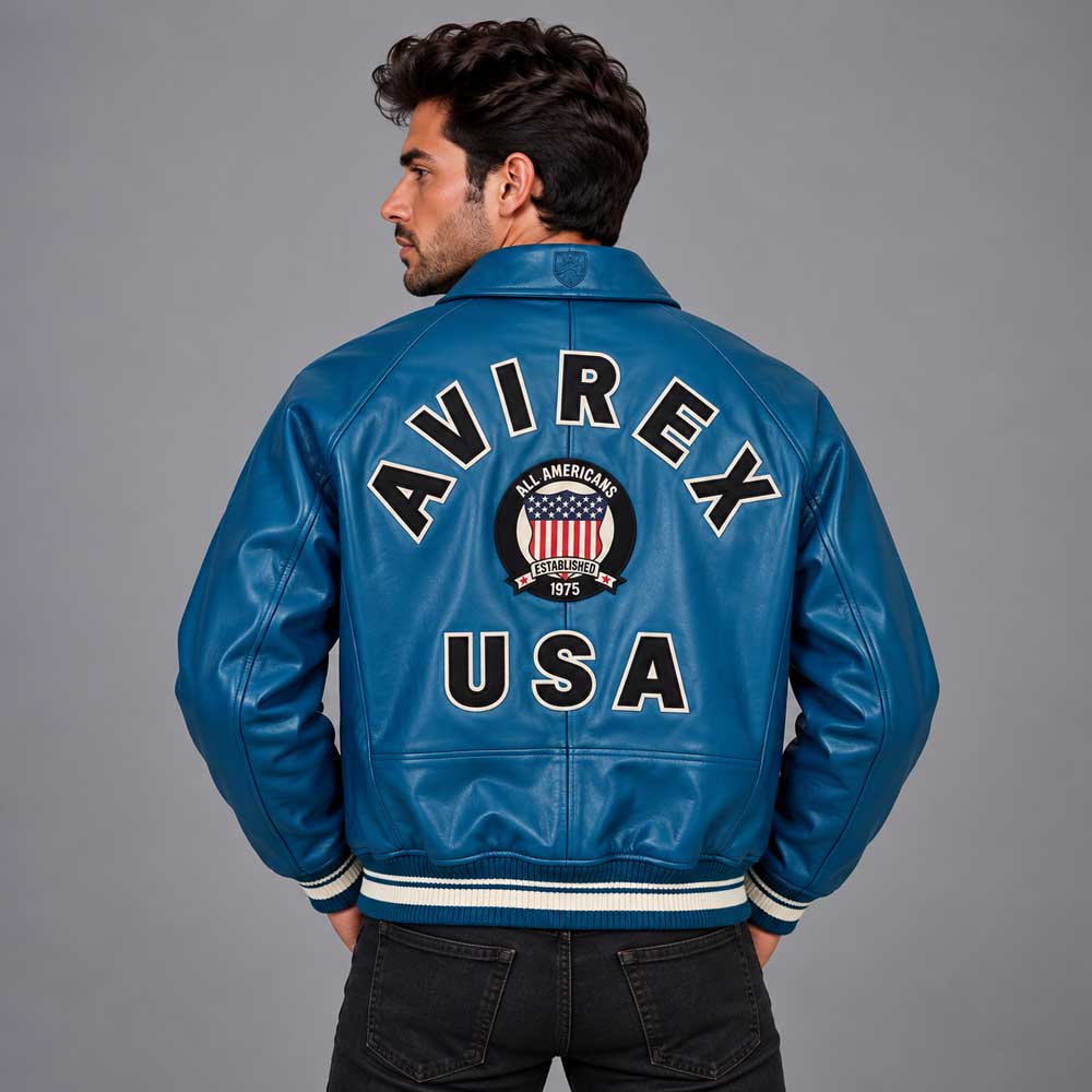 Men Teal Varsity Leather Bomber Avirex Jacket