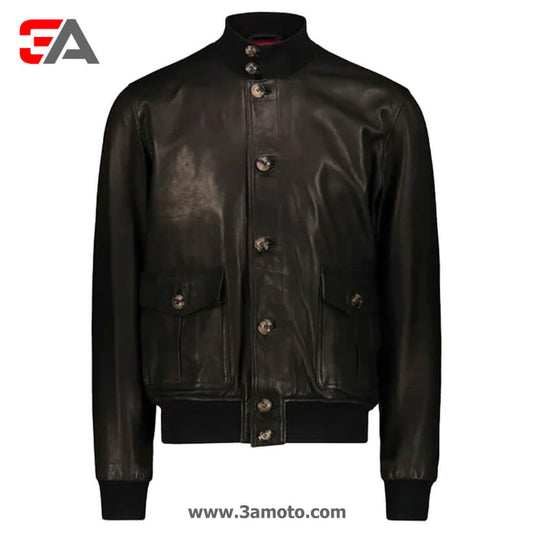 Men Vintage Black A1 Flight Lambskin Leather Bomber Jacket - 3amoto shop