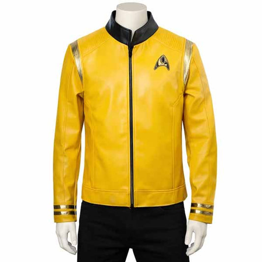 Men Yellow Faux Leather Jacket with Captain Pike Sci Fi Cosplay Style - 3amoto shop