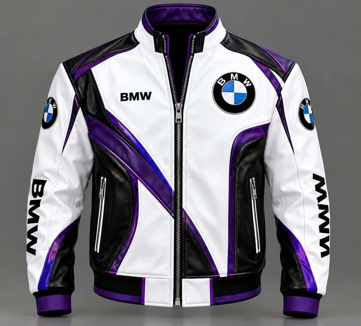 Men White Purple BMW Racing Leather Jacket