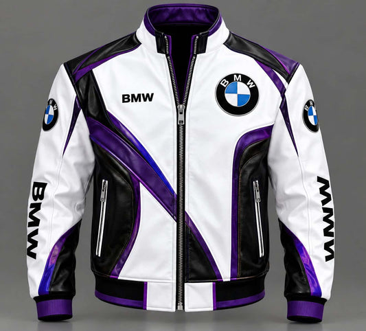 Men White Purple BMW Racing Leather Jacket - 3amoto shop