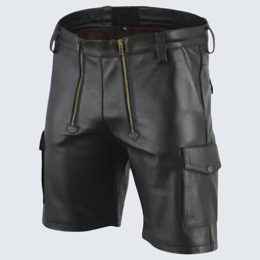 Men's Black Genuine Leather Cargo Shorts with Multi Zipper Biker Style - 3amoto shop