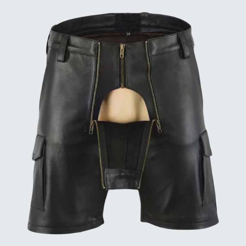 Men's Black Genuine Leather Cargo Shorts with Multi Zipper Biker Style