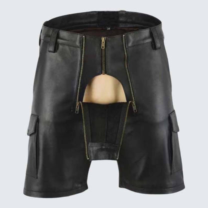 Men's Black Genuine Leather Cargo Shorts with Multi Zipper Biker Style