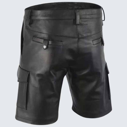 Men's Black Genuine Leather Cargo Shorts with Multi Zipper Biker Style