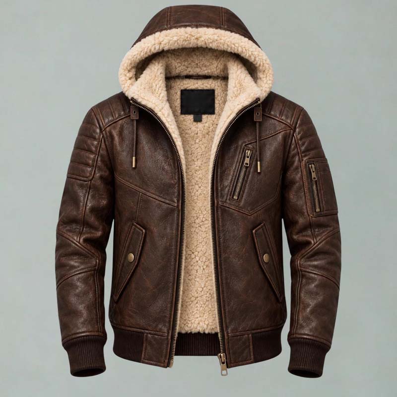 Brown hooded aviator bomber jacket for men with quilted shoulders