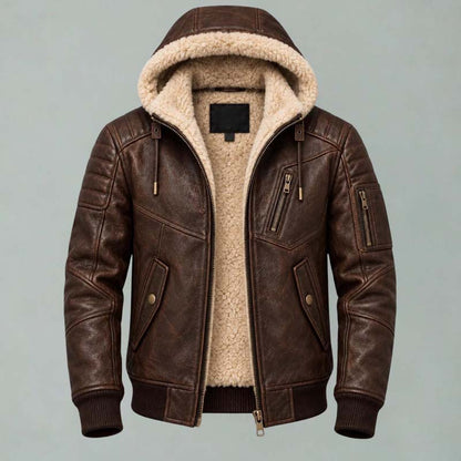Brown hooded aviator bomber jacket for men with quilted shoulders