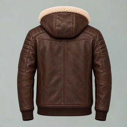 Men's vintage brown leather winter jacket with shearling-lined hood
