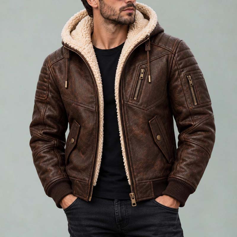 Men's brown shearling leather jacket with hood and cream fur lining