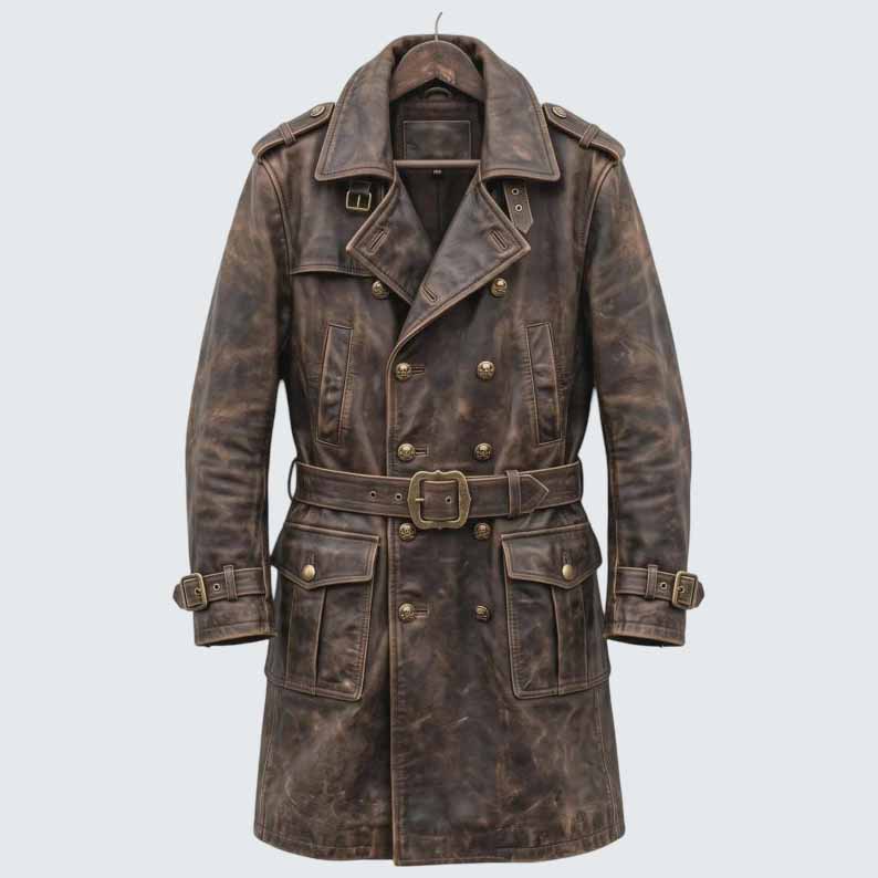 Men's Distressed Brown Genuine Leather Trench Coat with Gothic Pirate Captain Style