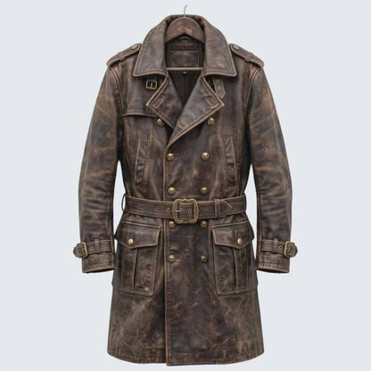 Men's Distressed Brown Genuine Leather Trench Coat with Gothic Pirate Captain Style