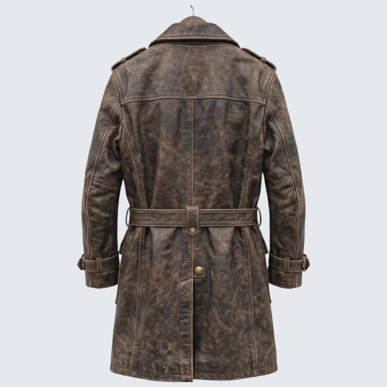 Men's Distressed Brown Genuine Leather Trench Coat with Gothic Pirate Captain Style
