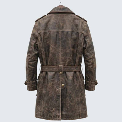Men's Distressed Brown Genuine Leather Trench Coat with Gothic Pirate Captain Style