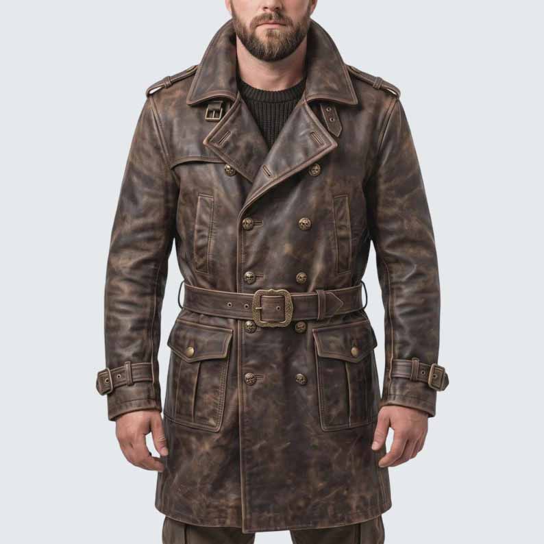 Men's Distressed Brown Genuine Leather Trench Coat with Gothic Pirate Captain Style