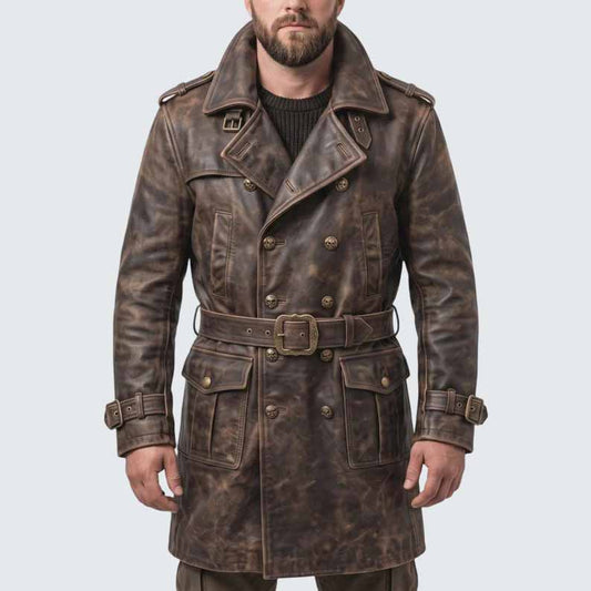 Men's Distressed Brown Genuine Leather Trench Coat with Gothic Pirate Captain Style - 3amoto shop
