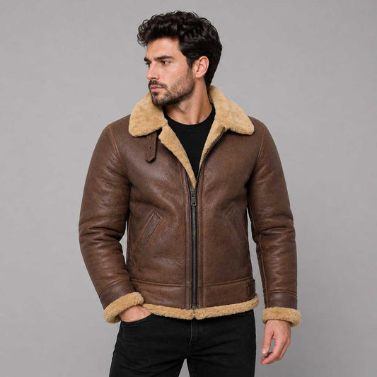 Men's Brown B3 Shearling Sheepskin WW2 Bomber Leather Flying Aviator Jacket USA - 3amoto shop