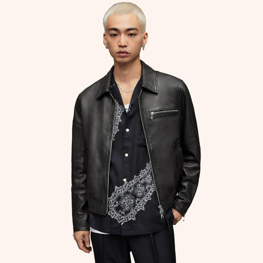 Men's Black Harrington Leather Bomber Jacket with front zipper and classic design. - 3amoto shop