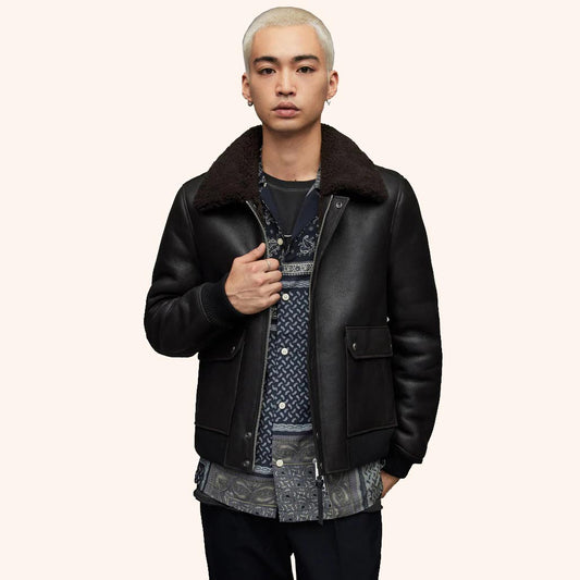 Men's Black Leather Harrington Shearling Bomber Jacket with front zipper and shearling accents. - 3amoto shop