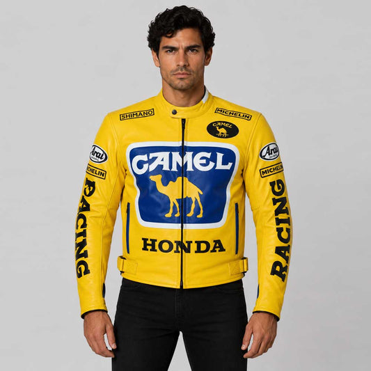 Mens Honda Camel Racing Motorcycle Yellow Leather Jacket - 3amoto shop