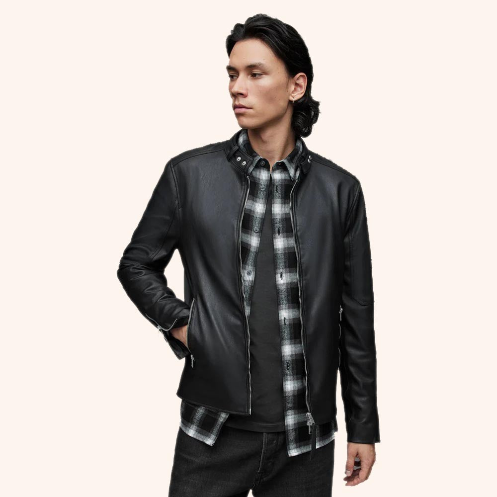 Men's Black Leather Harrington Jacket with Band Collar